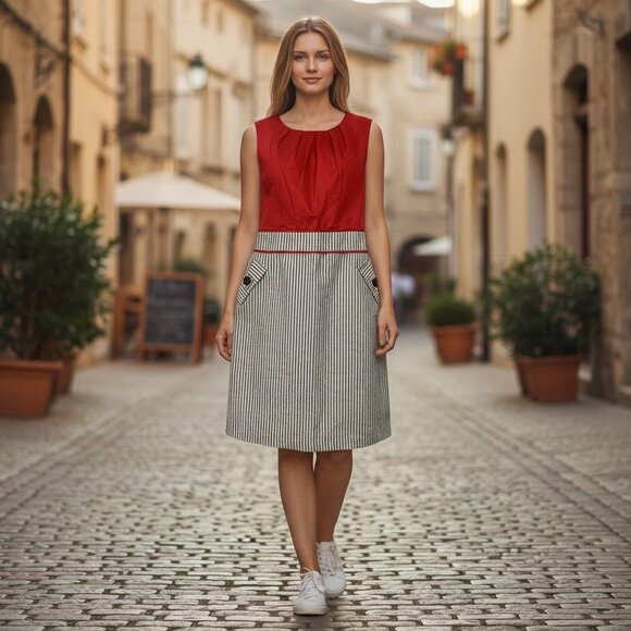 ALYX Womens Boat Neck Red & Pinstripe Sleeveless Sheath Dress W/ Pockets Size 14 - Picture 2 of 13